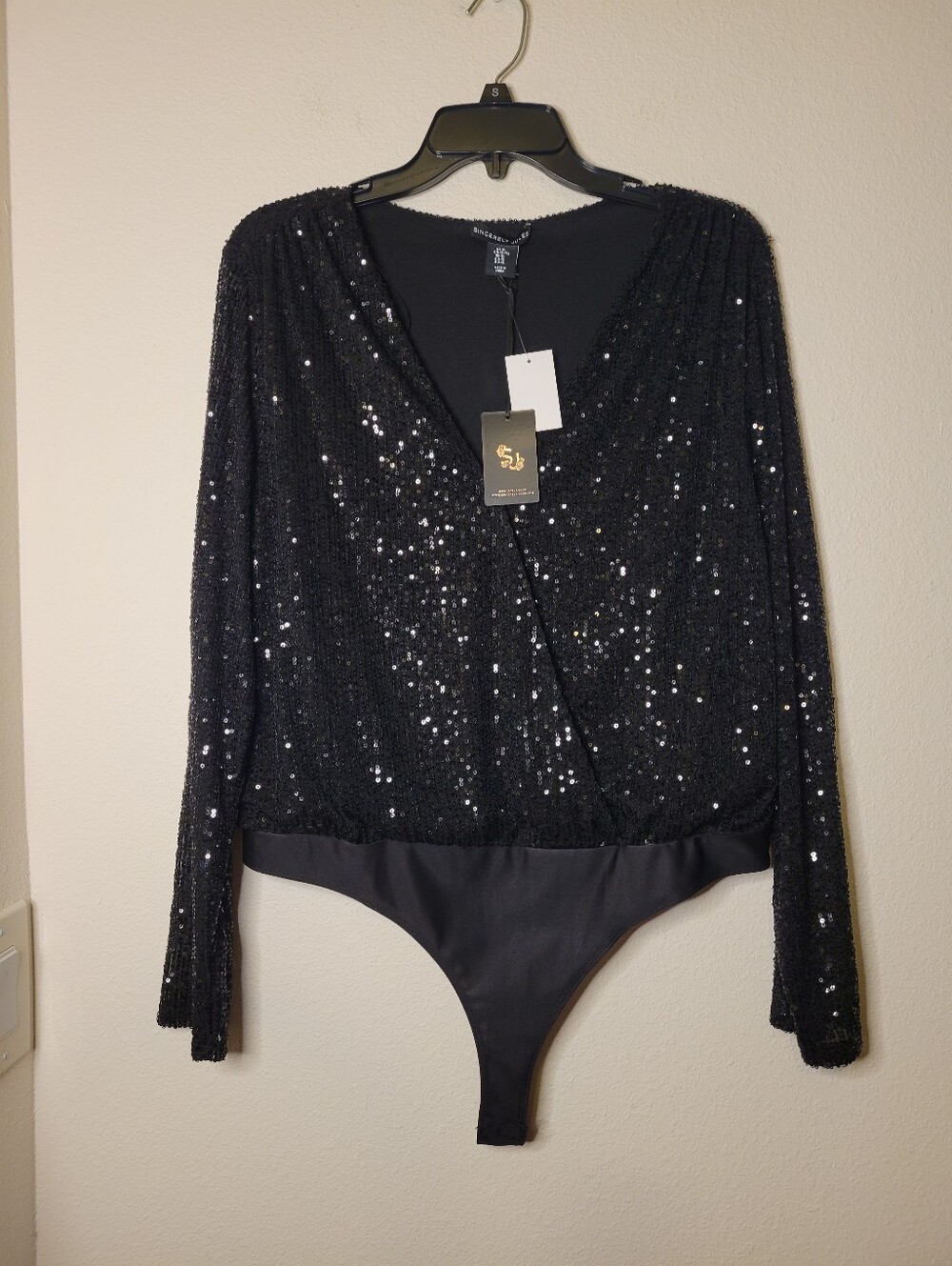 Sincerely Jules Black Sequin Long Sleeve Wrap Bodysuit NWT XL